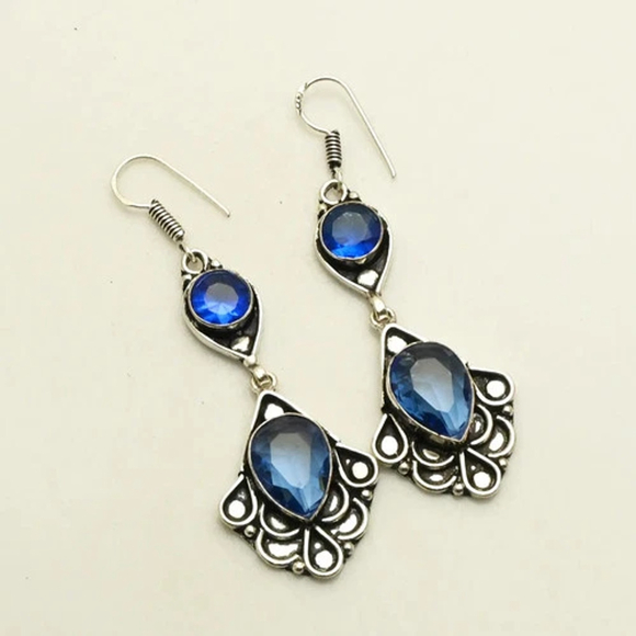 Unbranded Jewelry - Blue Topaz & Tanzanite Gemstone Drop Dangle Earrings 2.6" 925 Silver Plated NWT